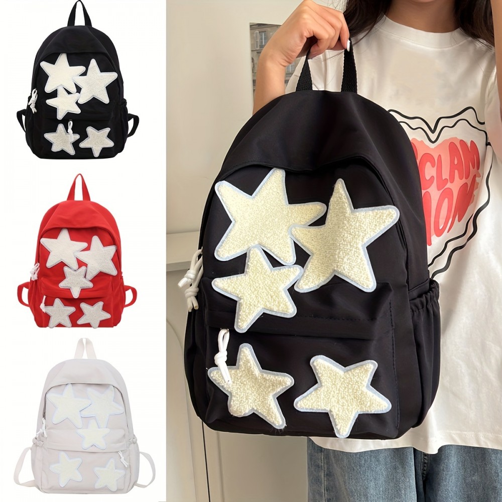 Kawaii Star Decor Backpack, Cute Preppy Canvas School Bag, Women's Everyday Laptop Bag & Rucksack