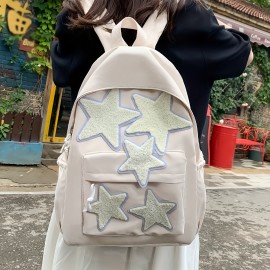 Kawaii Star Decor Backpack, Cute Preppy Canvas School Bag, Women's Everyday Laptop Bag & Rucksack