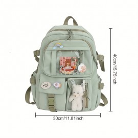 Kawaii Backpack, Clear Pocket Front School Bag, Casual Functional Travel Bookbag