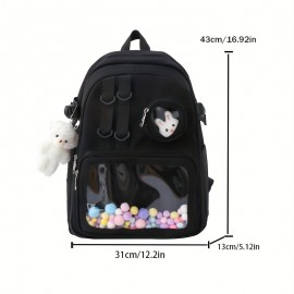 Kawaii Clear Pocket School Backpack, Back To School Bookbag, Lightweight Nylon Aesthetic Rucksack