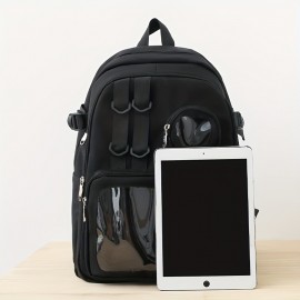 Kawaii Clear Pocket School Backpack, Back To School Bookbag, Lightweight Nylon Aesthetic Rucksack