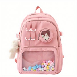 Kawaii Clear Pocket School Backpack, Back To School Bookbag, Lightweight Nylon Aesthetic Rucksack