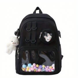 Kawaii Clear Pocket School Backpack, Back To School Bookbag, Lightweight Nylon Aesthetic Rucksack