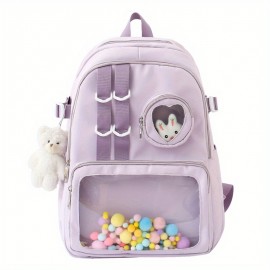 Kawaii Clear Pocket School Backpack, Back To School Bookbag, Lightweight Nylon Aesthetic Rucksack