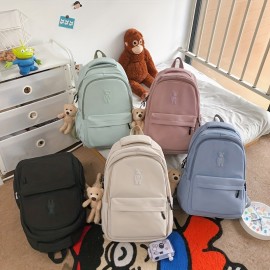 Kawaii Backpack With Cute Plush Pendant, Simple Preppy Laptop Schoolbag, Casual Large Capacity Travel Rucksack