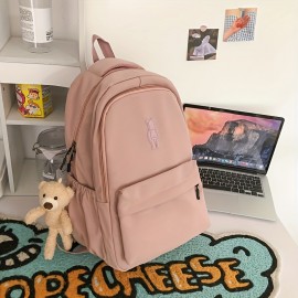 Kawaii Backpack With Cute Plush Pendant, Simple Preppy Laptop Schoolbag, Casual Large Capacity Travel Rucksack