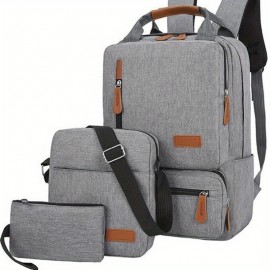 3Pcs Laptop Backpack Set, Functional Travel School Bag With Crossbody Bag & Wrist Bag