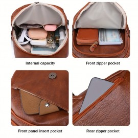 Retro PU Leather Flap Backpack, Soft Multi Pockets Sling Daypack, Fashion Chest Bag With Zipper Strap