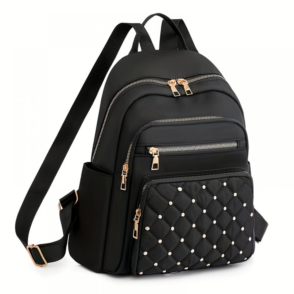 Casual Rivets Decor Women's Backpack, Argyle Pattern Ravel Storage Daypack, All-Match Nylon Rucksack