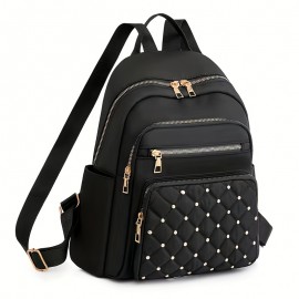 Casual Rivets Decor Women's Backpack, Argyle Pattern Ravel Storage Daypack, All-Match Nylon Rucksack