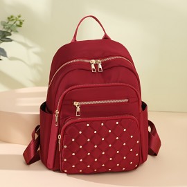 Casual Rivets Decor Women's Backpack, Argyle Pattern Ravel Storage Daypack, All-Match Nylon Rucksack