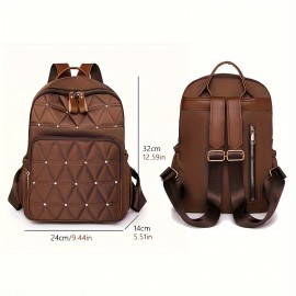 Casual Rivets Decor Women's Backpack, Argyle Pattern Ravel Storage Daypack, All-Match Nylon Rucksack