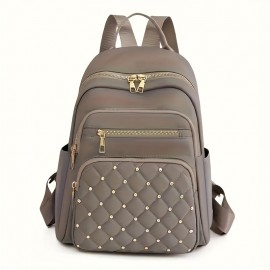 Casual Rivets Decor Women's Backpack, Argyle Pattern Ravel Storage Daypack, All-Match Nylon Rucksack