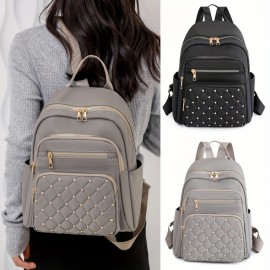 Casual Solid Color Backapck, Quilted Rivets Decor Rucksack, Zipper Women's Travel Rucksack