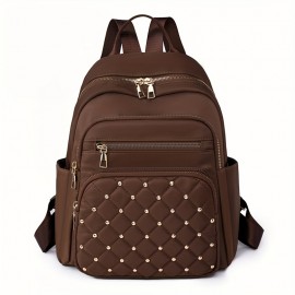 Casual Solid Color Backapck, Quilted Rivets Decor Rucksack, Zipper Women's Travel Rucksack