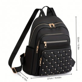 Casual Solid Color Backapck, Quilted Rivets Decor Rucksack, Zipper Women's Travel Rucksack