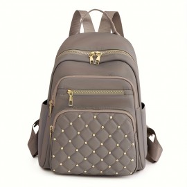 Casual Solid Color Backapck, Quilted Rivets Decor Rucksack, Zipper Women's Travel Rucksack