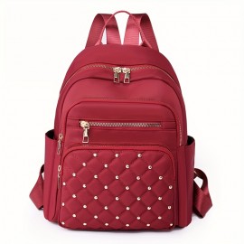 Casual Solid Color Backapck, Quilted Rivets Decor Rucksack, Zipper Women's Travel Rucksack