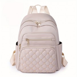 Casual Solid Color Backapck, Quilted Rivets Decor Rucksack, Zipper Women's Travel Rucksack