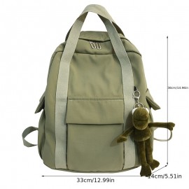 Pocket Front Backpack, Preppy Style Solid Color Nylon Bookbag, Kawaii Large Capacity Double Handle School Bag