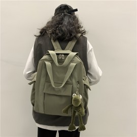 Pocket Front Backpack, Preppy Style Solid Color Nylon Bookbag, Kawaii Large Capacity Double Handle School Bag