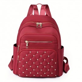 Casual Leisure Backapck, Argyle Pattern Rivets Decor Travel Daypack, Women's Trendy Backpack