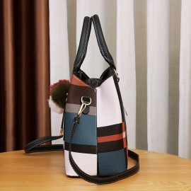 Color Stitching Plaid Crossbody Bag, PU Leather Textured Bag Purse, Classic Versatile Fashion Shoulder Bag