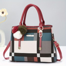 Color Stitching Plaid Crossbody Bag, PU Leather Textured Bag Purse, Classic Versatile Fashion Shoulder Bag