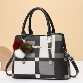 Color Stitching Plaid Crossbody Bag, PU Leather Textured Bag Purse, Classic Versatile Fashion Shoulder Bag