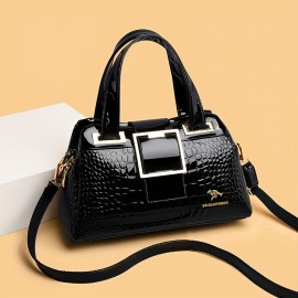 Crocodile Pattern Handbag, Women's Patent Leather Shoulder Bag, Casual Buckle Decor Crossbody Bag