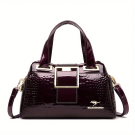 Crocodile Pattern Handbag, Women's Patent Leather Shoulder Bag, Casual Buckle Decor Crossbody Bag