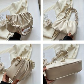 Ruched White Pearl Chain Decor Underarm Bag, Zipper Soft PU Leather Handbag, Solid Color Versatile Shoulder Bag