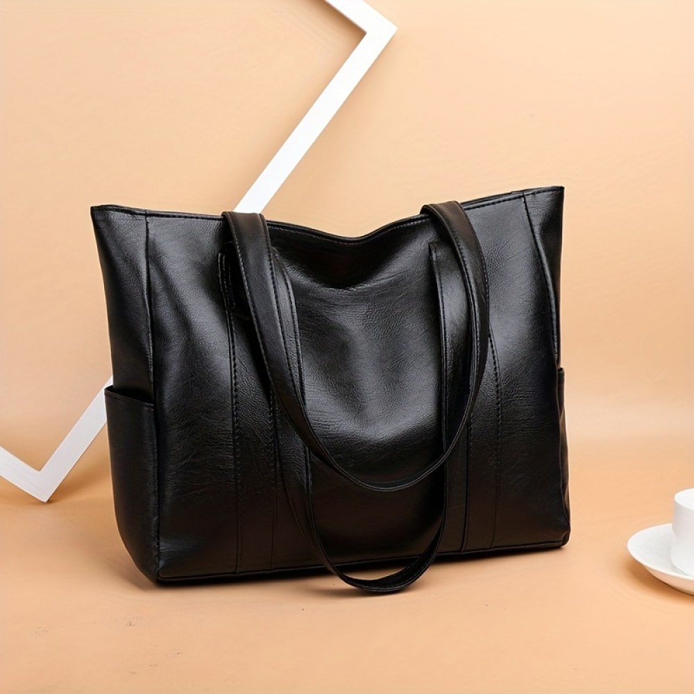 Large Capacity Trendy Shoulder Bag, Solid Color Versatile Underarm Bag, Faux Leather Zipper Stylish Tote Bag