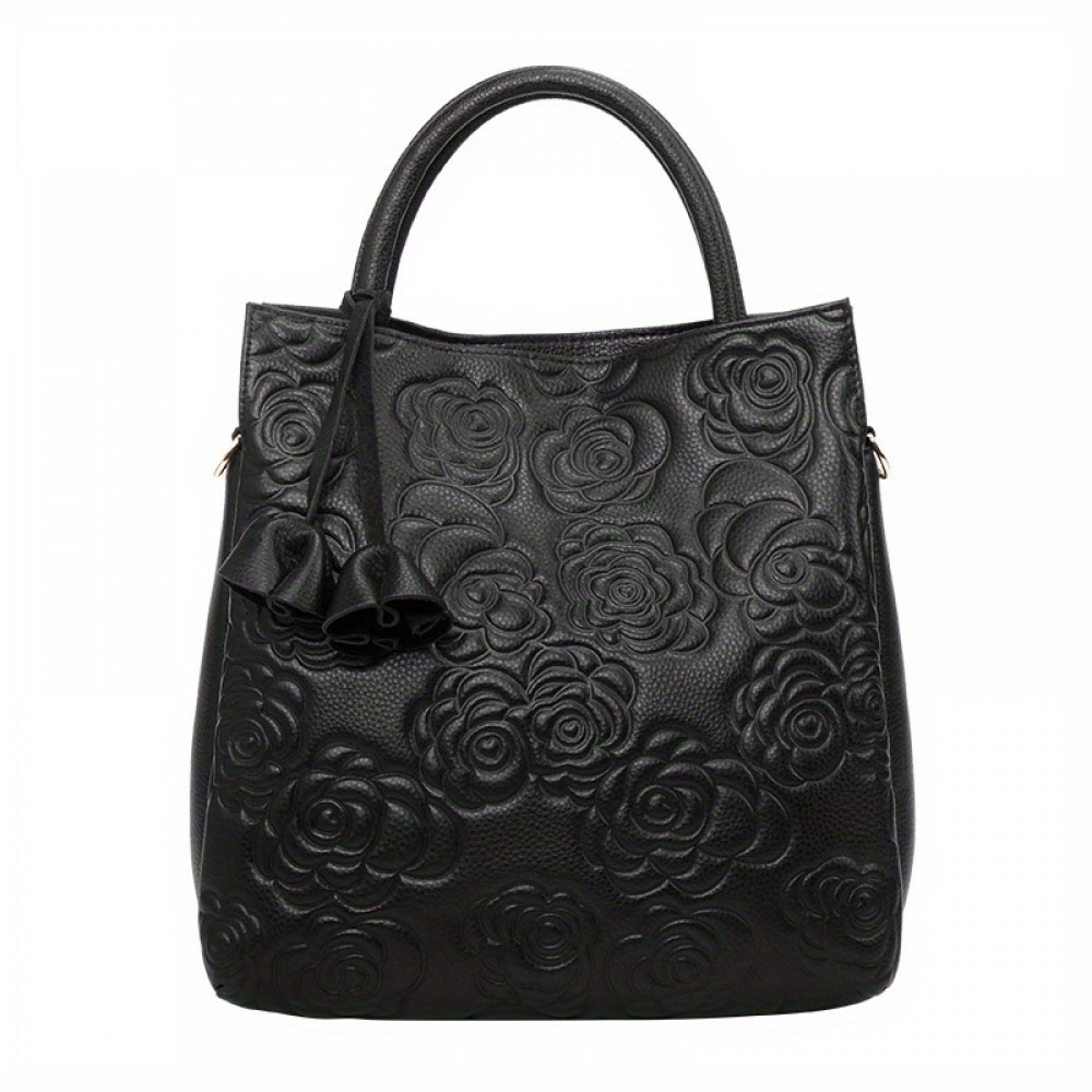 Luxury Flower Embossed Handbag, Fashion Genuine Leather Tote Bag, Women's Top Handle Purse