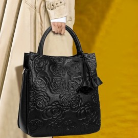 Luxury Flower Embossed Handbag, Fashion Genuine Leather Tote Bag, Women's Top Handle Purse