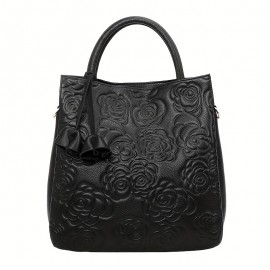 Luxury Flower Embossed Handbag, Fashion Genuine Leather Tote Bag, Women's Top Handle Purse