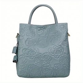 Luxury Flower Embossed Handbag, Fashion Genuine Leather Tote Bag, Women's Top Handle Purse