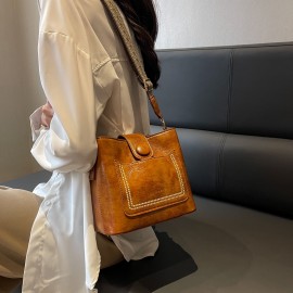 Vintage Minimalist Bucket Bag, Solid Color Shoulder Bag, Women's All-Match Mini Bag For Work