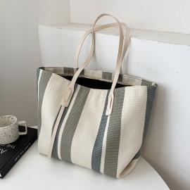 Stripe Pattern Canvas Tote Bag, Women's Large Capacity Shoulder Bag, Casual Handbag For Work & School