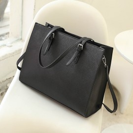 Large Capacity Laptop Tote Bag, PU Leather Textured Shoulder Bag, Casual Versatile Commuter Bag