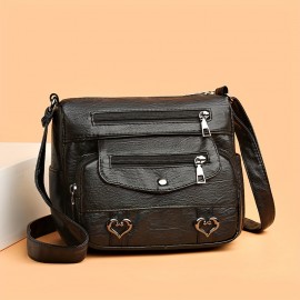 Retro Multi Pockets Crossbody Bag, Soft Faux Leather Shoulder Bag, Heart Decor Purse For Women