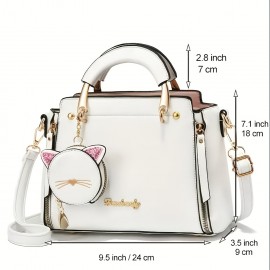 Trendy Multi-pocket PU Leather Tote Bag, Solid Color Shoulder Bag & Cat Coin Bag, Perfect Crossbody Bag For Everyday Use