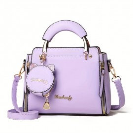 Trendy Multi-pocket PU Leather Tote Bag, Solid Color Shoulder Bag & Cat Coin Bag, Perfect Crossbody Bag For Everyday Use