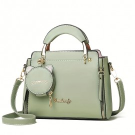 Trendy Multi-pocket PU Leather Tote Bag, Solid Color Shoulder Bag & Cat Coin Bag, Perfect Crossbody Bag For Everyday Use