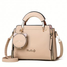 Trendy Multi-pocket PU Leather Tote Bag, Solid Color Shoulder Bag & Cat Coin Bag, Perfect Crossbody Bag For Everyday Use