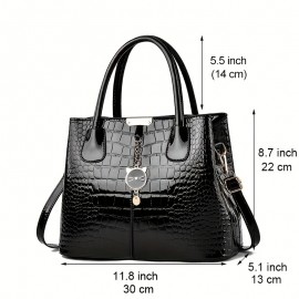 Crocodile Embossed Handbag, PU Leather Patent Shoulder Bag, Cute Cat Decor Double Handle Purse For Women