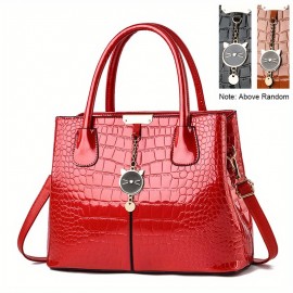 Crocodile Embossed Handbag, PU Leather Patent Shoulder Bag, Cute Cat Decor Double Handle Purse For Women