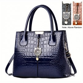 Crocodile Embossed Handbag, PU Leather Patent Shoulder Bag, Cute Cat Decor Double Handle Purse For Women