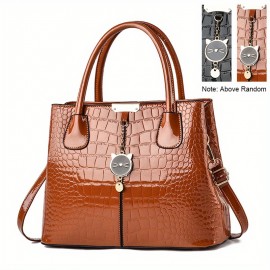 Crocodile Embossed Handbag, PU Leather Patent Shoulder Bag, Cute Cat Decor Double Handle Purse For Women