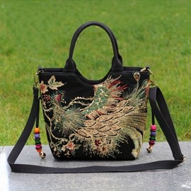 Ethnic Style Sequins Tote Bag, Peacock Embroidery Handbags, Vintage Canvas Crossbody Bag